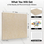 6 Pack Cork Board Felt Bulletin Board with 60 Push Pins, 1/2" Thick Pinboard Square Tiles for Wall Organizer - Home Office Classroom Decor, Photo Display, Memo Board (11.8"x11.8"- Beige)