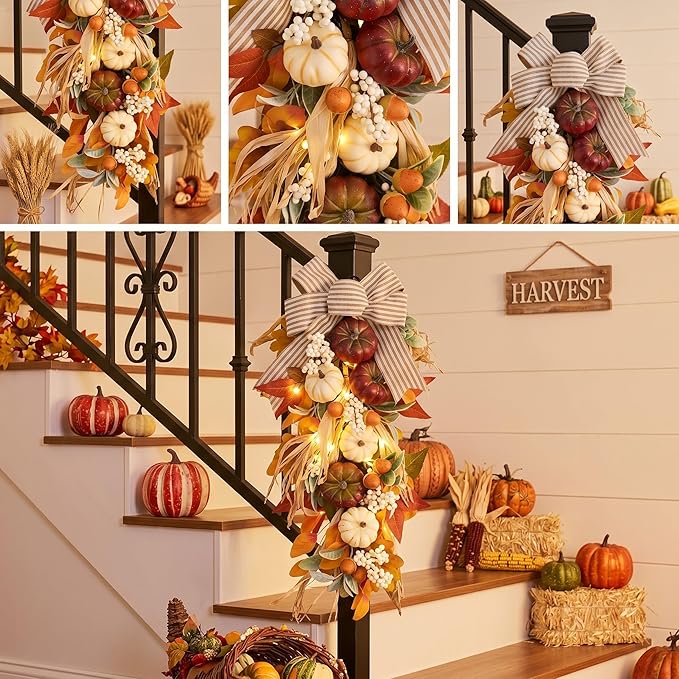 Valery Madelyn 24 inch Fall Pumpkin Teardrop Swag Autumn Harvest Door Hanger with Striped Bow, Mini Pumpkins, Eucalyptus, Raffia & Berry Sprays for Front Door, Mantel Thanksgiving Table Centerpiece