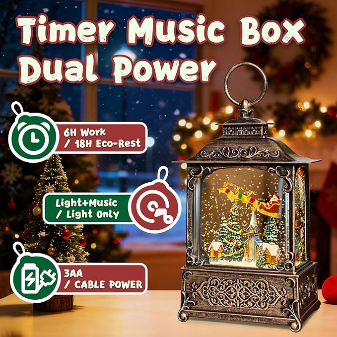 Christmas Snow Globes Lantern, Santa Claus & Church Christmas Decorations Indoor, 6H Timer Battery & USB Powered Light Up Musical Snow Globes for Kids Women Adults Gift Thanksgiving Home Decor