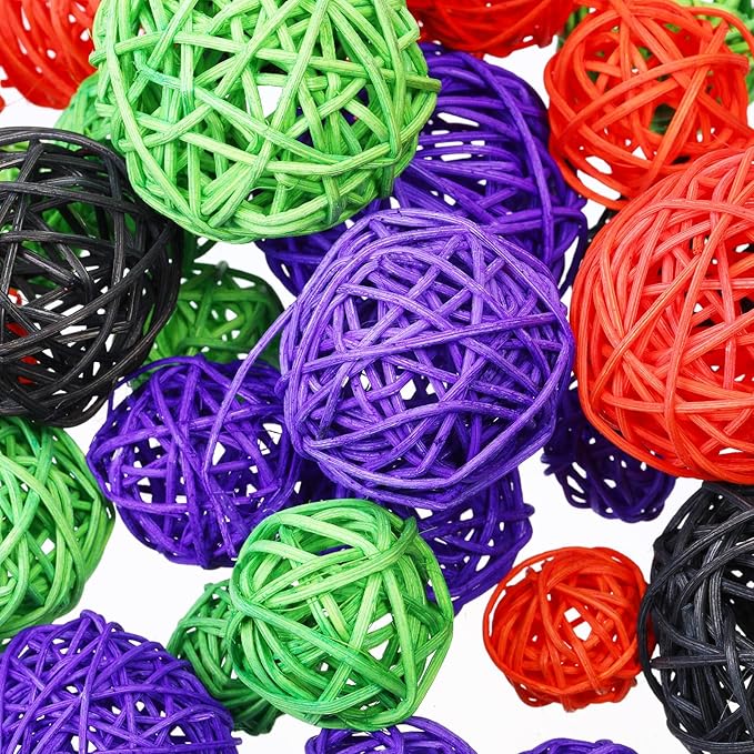 Patelai 36 Pcs Wicker Rattan Balls Decorative Balls for Vase Centerpiece Bowls Orbs Filler for Home Decor,4 Sizes(Orange, Purple, Black, Neon Green,2.4'',2'',1.6'',1.2'')