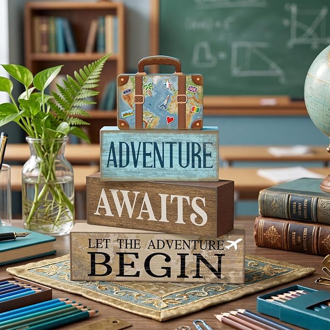 Lineshading 4 Pcs Travel Themed Party Decorations Travel Table Decor Vintage Suitcase Wooden Stacked Sign Bon Voyage Party Decor Adventure Awaits Table Centerpieces for Baby Shower Retirement Birthday