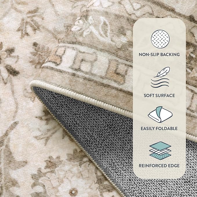 Lahome Boho Beige Fall Rugs for Living Room, Washable Bedroom Area Rug 5x7 Non-Slip, Soft Vintage Stain Resistant Nursery Carpets for Home Decor Non-Shedding, Soft Amber