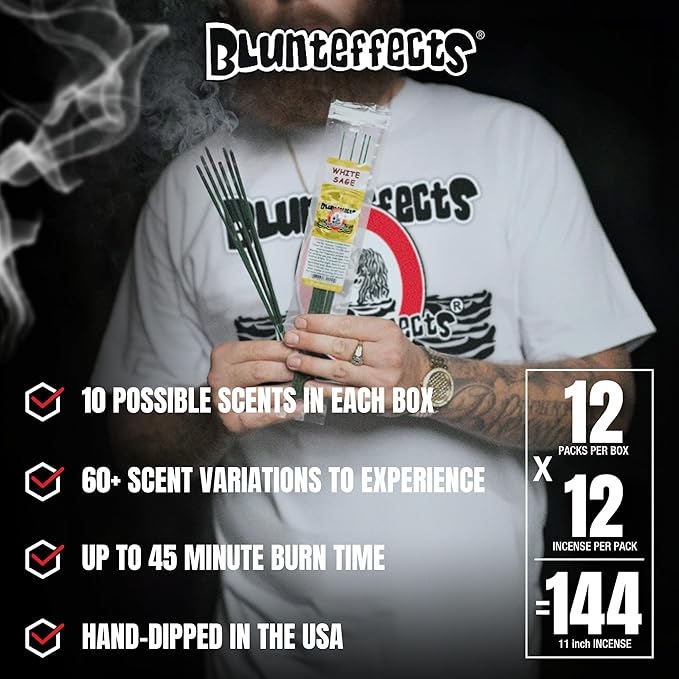 Blunteffects Hand-Dipped Incense Sticks - Premium 144-Pack Variety Set, 12 Different Scents, 11" Long, USA-Made Aromatherapy with Long Burn Time (12 Pack, 144 Total Sticks)