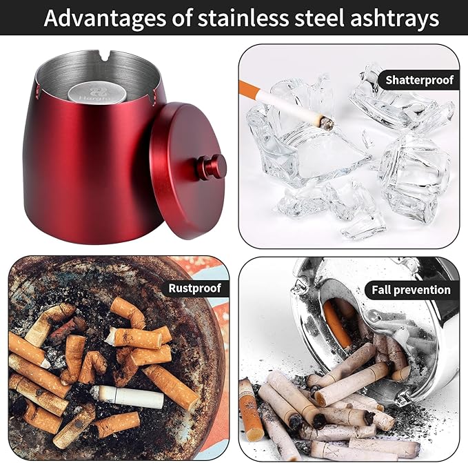 HARTAR Smokeless Ashtrays for Cigarettes Indoor, Ash Tray Sets Outdoor Windproof Cute Home Large Funny Metal Outside Ashtray with Lid for Cigarettes Butt Can for Outside Patio, Red, Large