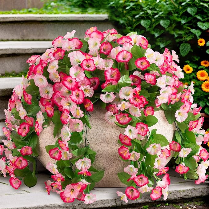 Artificial Fake Hanging Flowers Plants for Outdoor Decoration, 2PCS Faux Silk Morning Glory Long Vines Stems UV Resistant Look Real for Spring Summer Outside Home Porch Patio, Pink