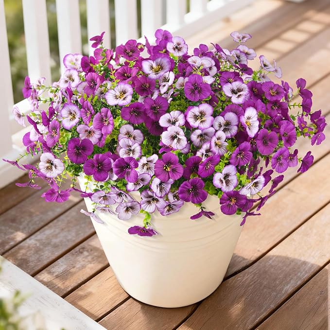 Artificial Fake Pansy Flowers for Outdoor, 12 Pcs Faux Silk Pansies Flower for Spring Summer Decoration, UV Resistant Fake Plants for Outside Planter Porch Yard Patio Home Decor(Gradient Purple Red)