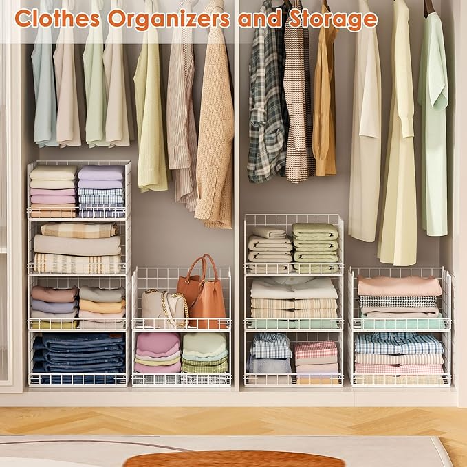 8-Tier Stackable Closet Organizers and Storage Shelves, Foldable Closet Shelf Organizer, Stackable Storage Bins Drawers for Closet Organizer System, White(Patent Pending)