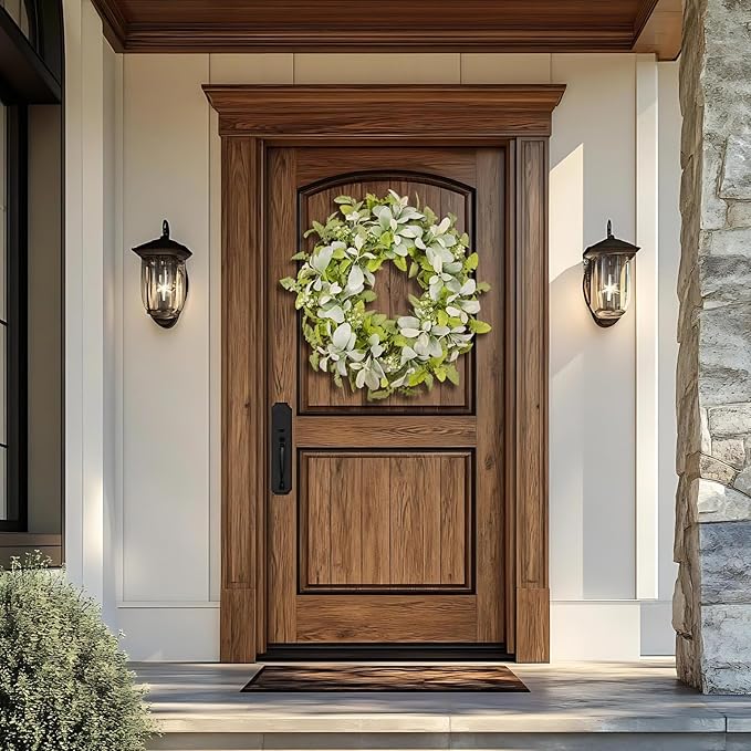 Green Year Round Wreaths 22 Inch Fabric Leaves Wreath with Lambs Ear Leaves & White Flowers, All Seasons Wreaths for Front Door Spring Summer Porch Wall Indoor Outdoor Farmhouse Decor