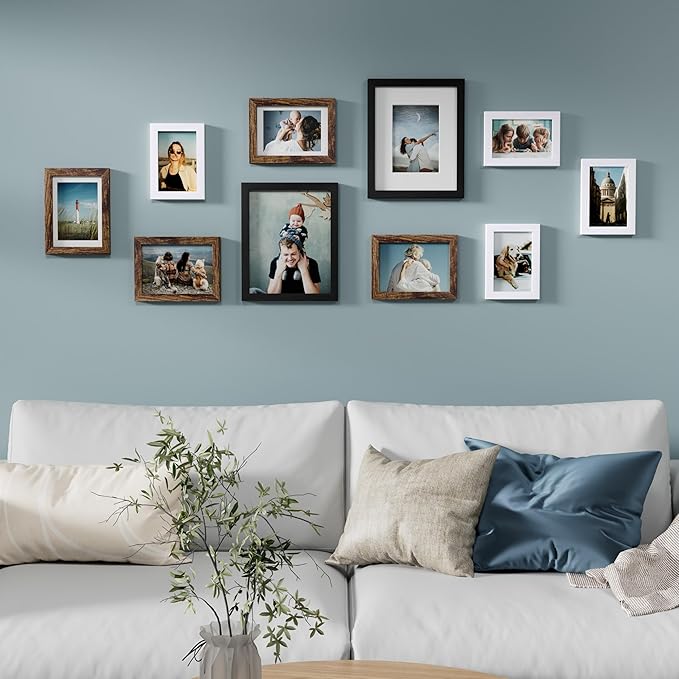 Vittanly Picture Frames Set of 10, Picture Frames Collage Wall Decor with Two 8x10, Four 5x7, and Four 4x6 Photo Frames, Gallery Wall Frame Set for Wall or Tabletop Display, Black, Brown and White