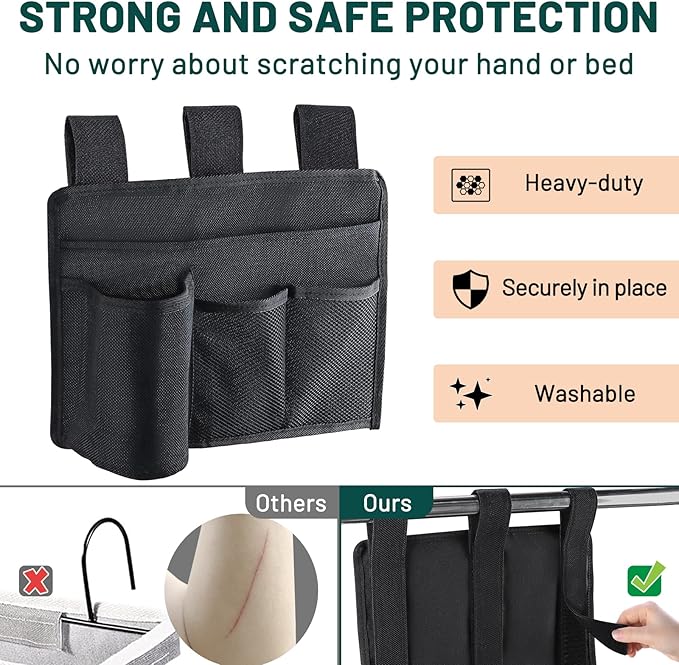 AKAYOK Bedside Caddy Organizer - Bed Organizer Caddy for Remotes Control Phone Glasses Magazines Tablets Accessories - Wheelchair Bag for Hospital Home Office Dorm Room (4 pocket)
