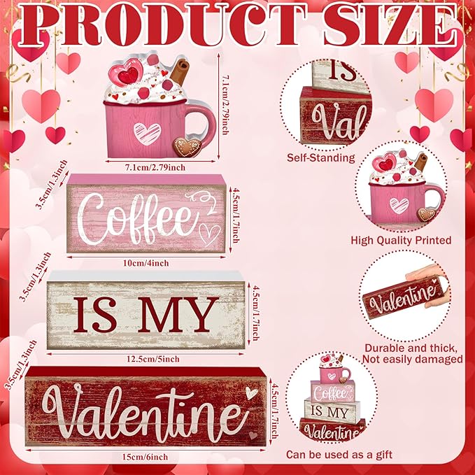 Lineshading 4 Pcs Valentine's Day Table Decor Wooden Cocoa Decoration Centerpiece Pink Heart Tiered Tray Decor Love Block Signs Gift Farmhouse Decoration for Valentine's Day Home Kitchen