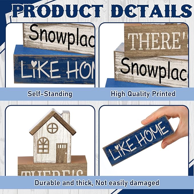 Lineshading 4 Pcs Christmas Table Decoration Wooden House Decor Christmas Tiered Tray Decor Rustic Decorative Home Block Signs Gifts Winter Centerpieces Farmhouse Sweet Home Decoration for Shelf