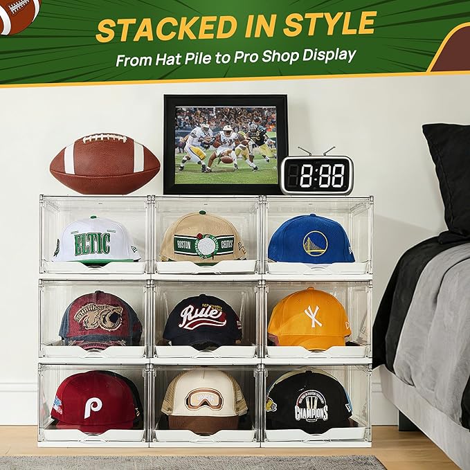 Vtopmart 6 Pack Hat Organizer for Baseball Caps, Clear Hats Holder Box with Drawer, Large Cap Storage with Sliding Tray, Stackable Rack Display Case with Magnetic Door, Each Holds 12 Hats