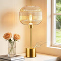 QiMH Glass Table Lamp for Living Room, Modern Bedside Lamp with Champagne Ribbed Glass Shade, 3-Way Dimmable Touch Control Nightstand Lamp for Bedroom, Brushed Gold (2700K LED Bulb Included)