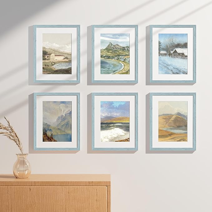 Vittanly 11x14 Picture Frames Set of 9, Shatter Resistant Plexiglass, Display 8x10 Pictures with Mat or 11x14 without Mat, Photo Frames for Wall or Tabletop, Engineered Wood, Rustic Blue