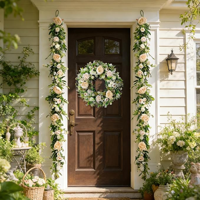 idyllic 6ft Spring White Peony Climbing Vine Decoration Artificial Floral Garland for Front Door Window Porch Mantel Staircase Table Runner Wedding Indoor Outdoor Home Decor
