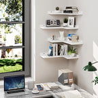 4-Tier Corner Floating Shelves, Rustic Pine L-Shaped Shelves for Creative Wall Storage in Bedroom, Bathroom & Any Room - White