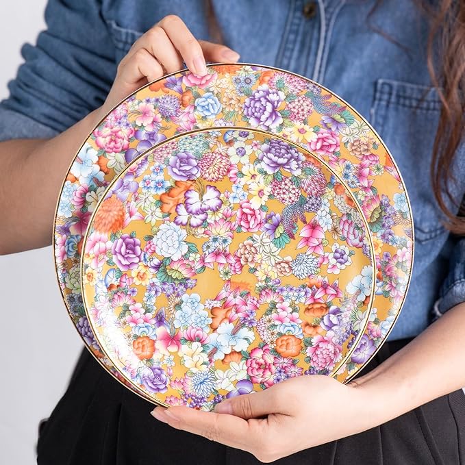KAMMAK Decorative Plates Set for Display, Gold Ceramic Plate Decor with Stand，Handmade Vintage Flower Porcelain Ornament for Living Room, Kitchen, Office, Perfect Chinese Style Dish Gift (8in+10in)