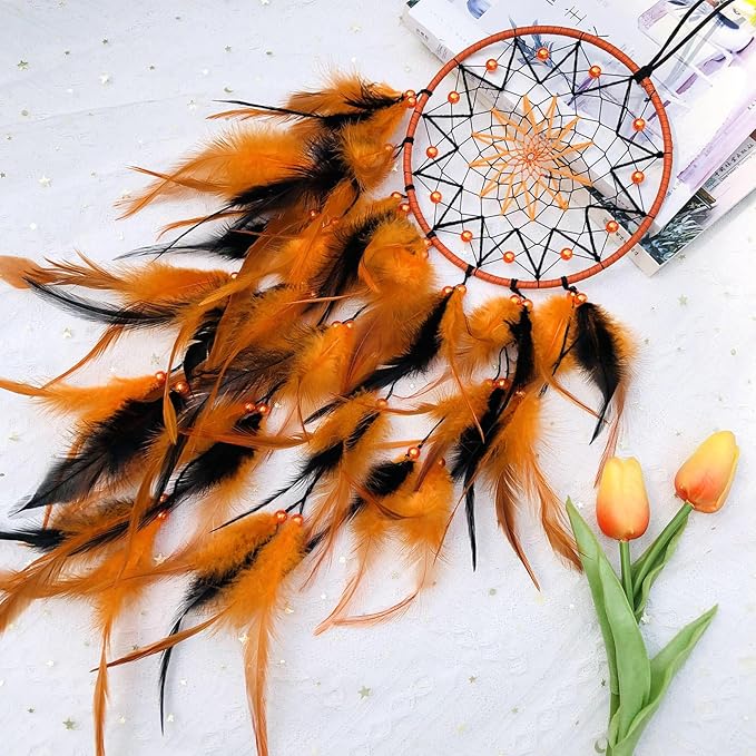 Black and Orange Dream Catcher Feather Dream Catchers Wall Decor Handmade Dreamcatcher Wall Hanging Ornament for Bedroom Living Room Home Decor
