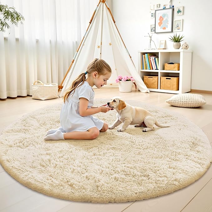 OLANLY Cream Round Rugs for Bedroom - Machine Washable, 9 ft Circle Area Rugs for Living Room, Soft and Fluffy Shaggy Carpet for Teen Girl and Boys, Nursery Rooms, Dorms, Home Decor Aesthetic