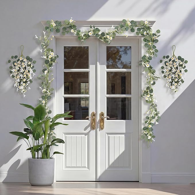 Pinkpum 20'' Eucalyptus Wreath 22'' Daisy Teardrop Swags Set 4 for Front Door Fireplace Hanging Porch Wall Home Window Kitchen Decor Farmhouse Garden Party Indoor Outdoor Summer Spring Fall