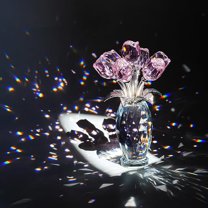 H&D HYALINE & DORA Pink Crystal Rose Bouquet Figurine,Handmade Rose Flower Gifts for Mom Gifts for Women,Glass Flower Collectible Ornament Home Table Wedding Decor