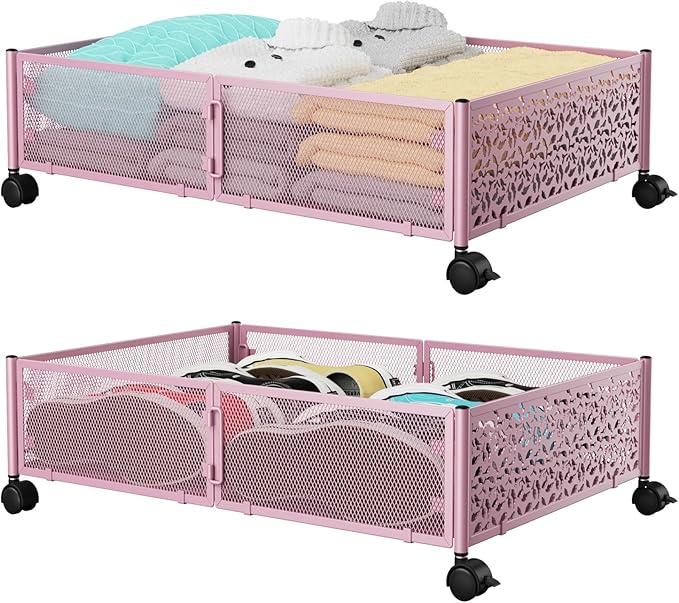 Under the Bed Storage Containers with Wheels, Under Bed Storage, Under Bed Shoe Storage Organizer Drawer, Tool-free Assembly Metal Underbed Storage Containers -Pink
