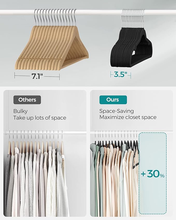 SONGMICS Velvet Hangers 50 Pack, Non-Slip Clothes Hangers, with Shoulder Notches, Pants Bar, 360° Swivel Hook, Space-Saving, for Closet, Ink Black UCRF029B05