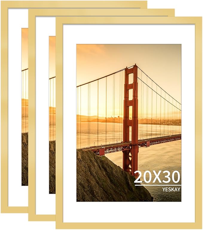 20x30 Picture Frame Gold Set of 3, Display Pictures 16x24 with Mat or 20 x 30 Without Mat, Poster Frames 20x30 for Wall Hanging Horizontal and Vertical
