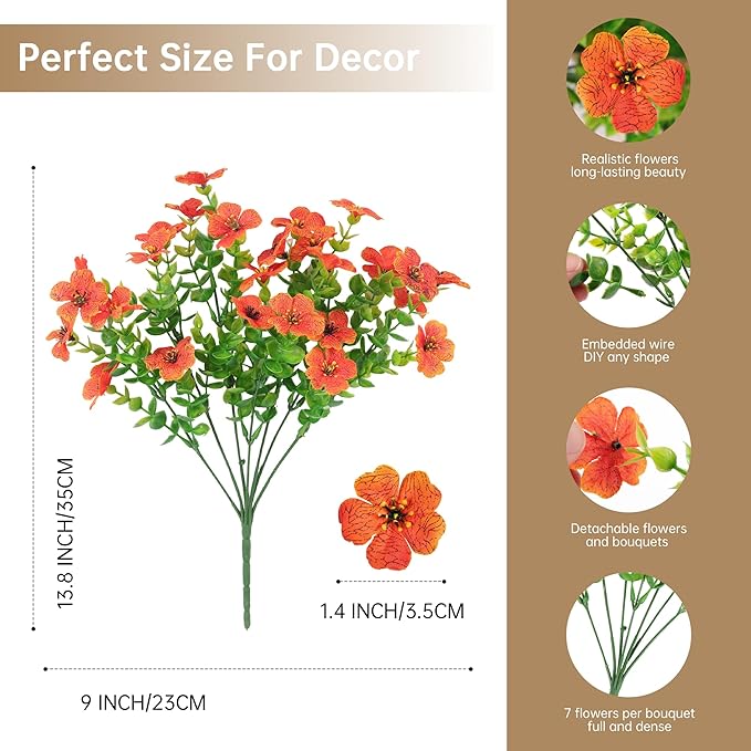 Artificial Faux Flowers Plants for Outdoors Outside Fall Autumn Decoration,12 Bundles Realistic Fake Mums Flowers Plant Greenery Silk Daisy UV Resistant Planters Balcony Porch Patio Garden Home Orange