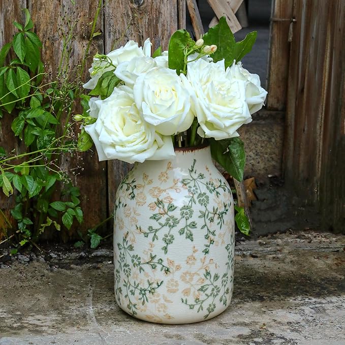 Beige and Green Vintage Rustic Ceramic Vase,Handcrafted Farmhouse Decorative Vase, Easy to Clean Perfect for Flowers Wedding Centerpiece or Shelf Decor 8Inch