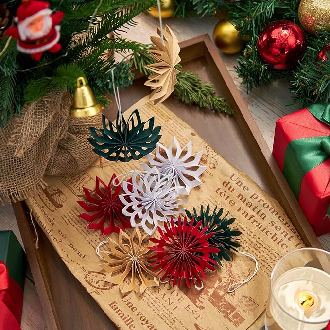 SUNBEAUTY 9PCS Christmas Hanging Decorations, Boho Christmas Decor Hanging Paper Snowflakes Mini Christmas Tree Ornaments for Xmas Tree Window Ceiling Door(Red White Green Brown)