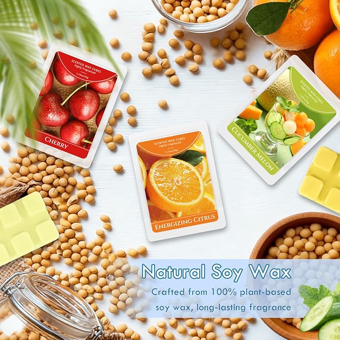 SCENTORINI Wax Melts, Scented Wax Cubes for Wax Warmers, Summer Scent, Coconut Beach, Pear Blossom, Cherry, Cucumber Melon, Pineapple, Energizing Citrus, 6 Pack