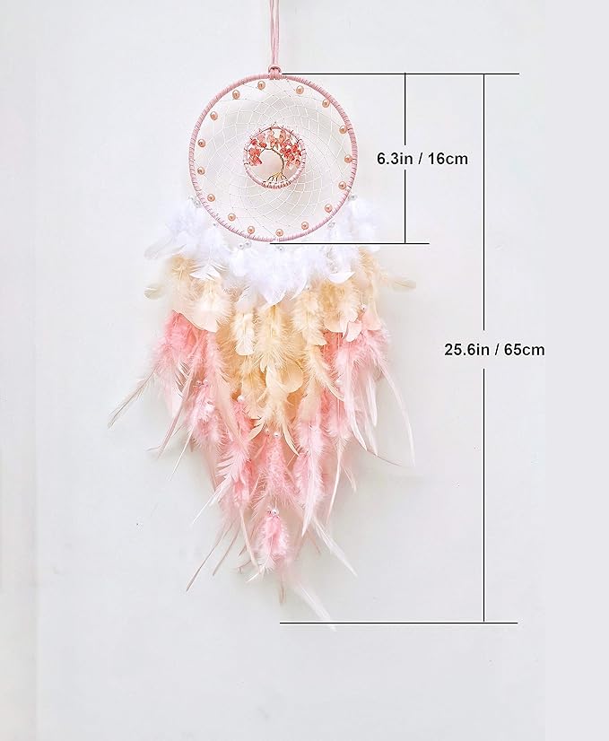 Dream Catchers, Pink Dream Catcher Tree of Life Wall Decor, with Natural Healing Crystal Stone, Perfect Pink Crystal Handmade Dreamlike Dream Catchers for Girls Bedroom Decor Art Craft Gift