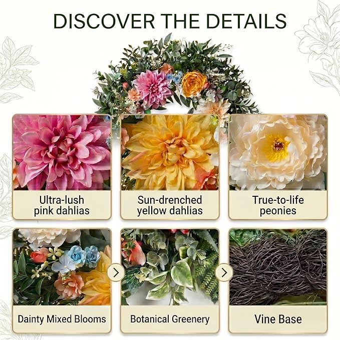 Somikis 24 Inch Front Door Wreath, Large Artificial Flowers Wreath with Silk Peony Dahlia Eucalyptus, Realistic Greenery Welcome Floral Wreath Decor All Year Round for Inside Outside Wall Entryway