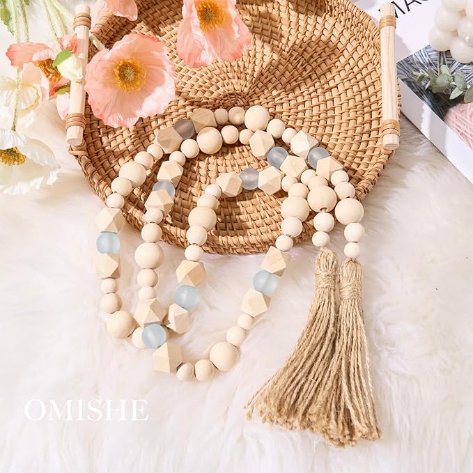 OMISHE Wood Bead Garland with Tassels 52 Inches, Octagonal Handmade Wooden Beads with Blue Acrylic Beads, Boho Wooden Beads Home Decor, Farmhouse Beads Garland for Tiered Tray Decor Beach Decor
