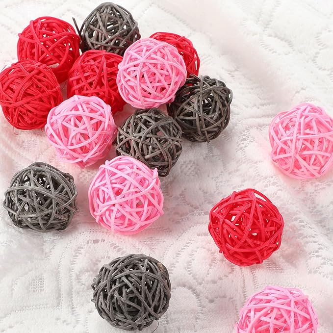 Yaomiao 15 Pieces Vase Filler Rattan Balls Decorative for Craft, Party, Wedding Table Decoration, Aromatherapy Accessories, 1.8 Inch (Pink Red Gray)