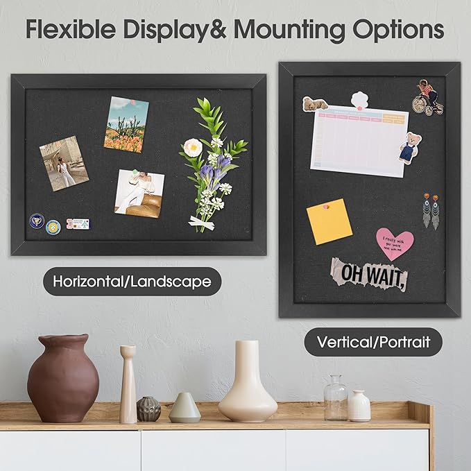 AKTOP 2 Pack Black Cork Board Bulletin Board with Linen 20" X 30", Large Framed Corkboard for Wall, Hanging Pin Board Picture Board for Home Office Decor, Cute Vision Board with Pushpins
