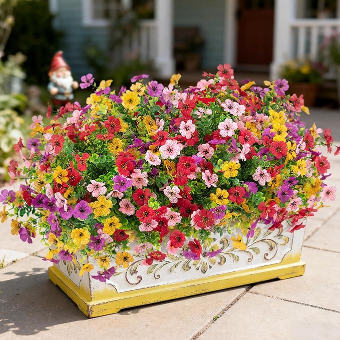Artificial Fake Flowers Plants for Outdoor Spring Summer Decor, 12 Bundles Faux Silk Flowers for Outdoor Outside Planter Colorful Daisy UV Resistant Look Real for Front Door Porch Patio Yard