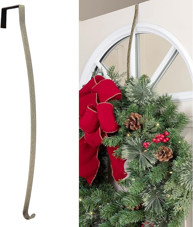 Haute Decor HighProfile Curved Wreath Hanger (Holly Embossed - Antique Brass) - Strong Decoration Holder for Doors with Raised Features and Trim