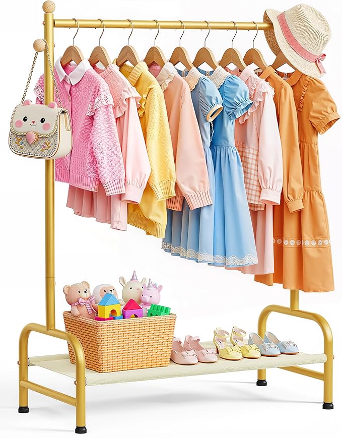 Clothes Rack - Sturdy Metal Kids Clothing Rack with Bottom Storage Shelf & Adjustable Feet, Dress Up Storage for Toddler's Bedrooms, Nurseries, Playrooms, 31" x 12.5" x 47.8", Gold