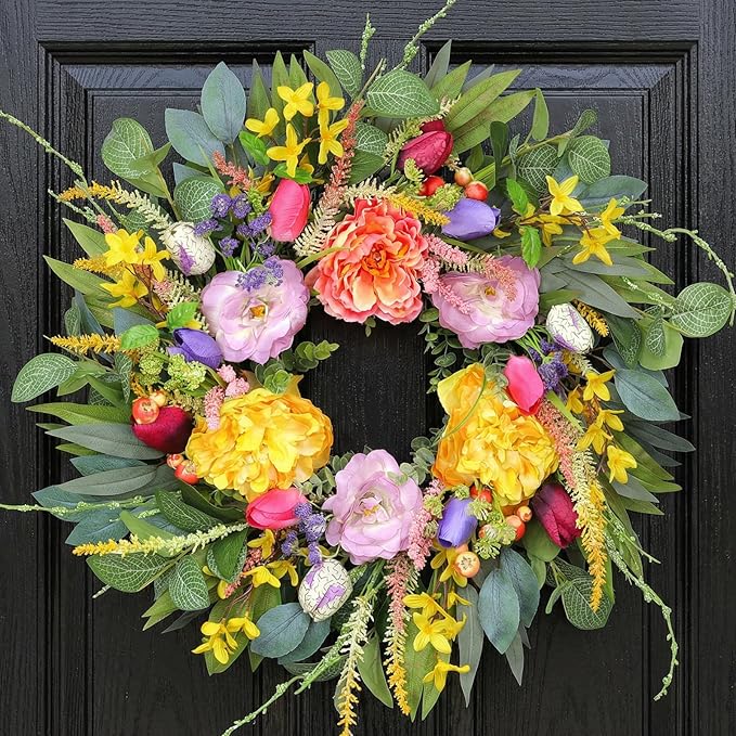 Chrisxiao 24 Inch Spring Summer Wreath for Front Door, Eucalyptus Wreaths with Peony, Tulip & Eucalyptus Leaves,Summer Wreath for Home Farmhouse, Outdoor, Porch, Wall Window Decor All Year Round
