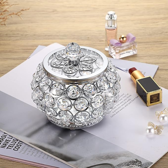 Hipiwe Crystal Jewelry Box with Glass Lid Small Trinket Organizer Mirrored Treasure Box Ring Holder Earrings Necklace Storage Box Keepsake Gift Box for Home Dresser Decor, Silver
