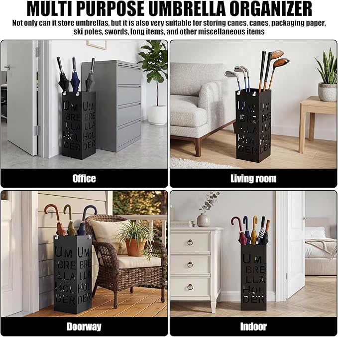 Square Metal Umbrella Holder, Square Free Standing Umbrella Rack Decorative Umbrella Holder Hollow Cutout Pattern Design for Umbrella Cane Entryway Home Office 19.49" X 6.1" X 6.1"(Black hollowed out)