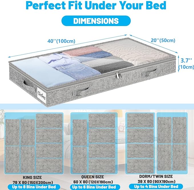 4 Inch Low Profile Under Bed Storage Drawer 2 Pack, Lightweight Underbed Clothes Storage Container Bins with NO STURCTURE, Shallow Storage Bag for Dorm & Home, With Clear Lids & Water-Resistant Fabric