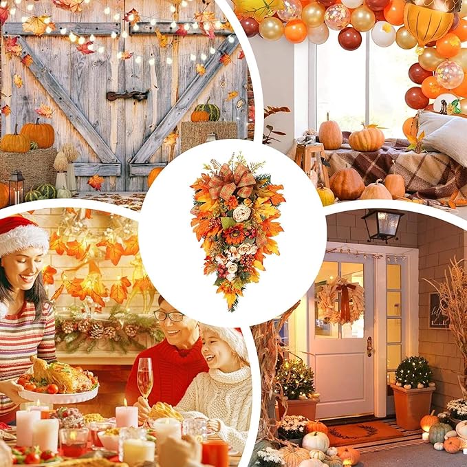 Fall Teardrop Swag - 19.69x12.6 Inches Handmade Flower Maple Berry Wreath for Harvest Festival, Holiday Decorators with Autumn Colors, Artificial Wreath for Apartment, Coffee Shop, Ready to