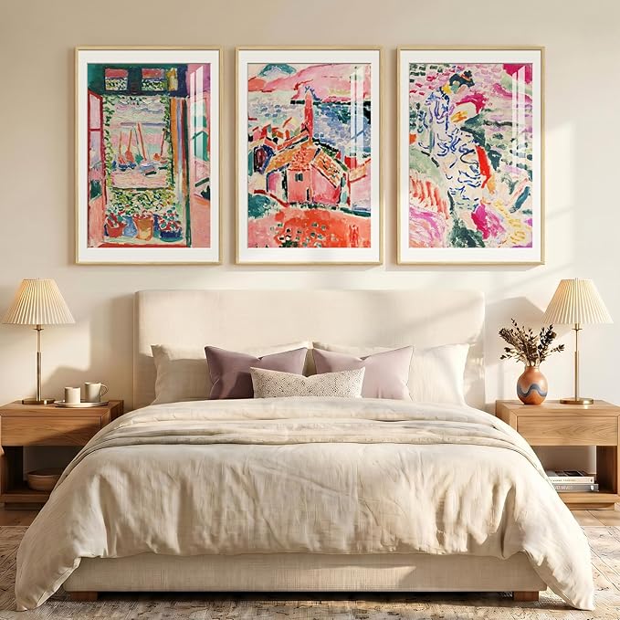 Large Framed Matisse Wall Art for Living Room, Set of 3 Colorful Abstract Landscape Wall Painting Prints, Vintage Retro Aesthetic Wall Decor for Dining Room Bedroom Office Hallway 24x36 Inch