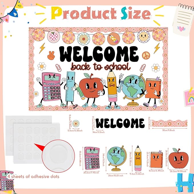 Pajean Welcome Back to School Bulletin Board Set Hippie Retro Classroom Decorations Cute Stationery Apple Cutouts with Groovy Daisy Borders for First Day of School Library Decor Office Supplies