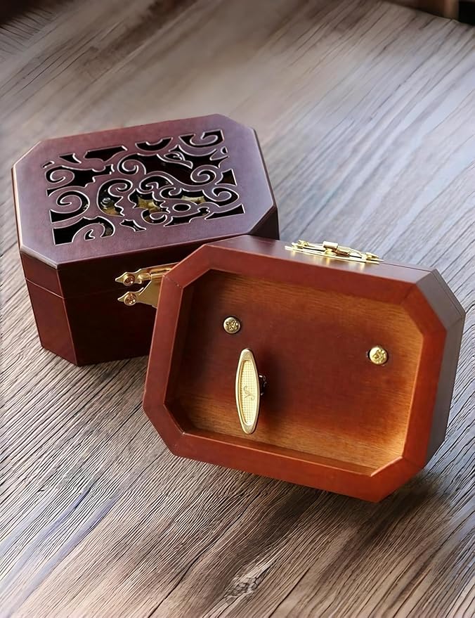 Mini Hollow Antique Carved Music Box Wind Up Wooden Musical Box Toy - Hedwig's Theme Gifts for Birthday, Christmas, Mother’s Day, Anniversary,Halloween or Home Decor