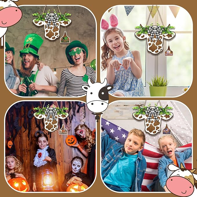 Suzile 16 Pcs Cow Decor Welcome Sign Wooden Cow Head Door Wreath Sign with Buffalo Plaid Bow Interchangeable Hanging Ornaments for Christmas Farmhouse Home Front, 16.5 x 12 Inch